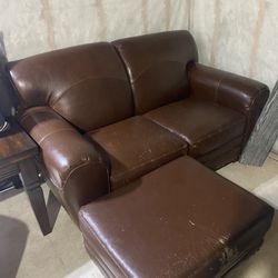 Brown Leather Chair, Couch And Ottoman 