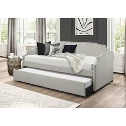 Brand new khaki colored twin over twin modern day bed mattress are not included nailhead trim modern clean design