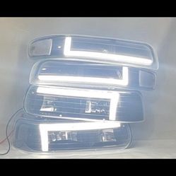 99-02 Chevy Chevrolet Silverado / 00-06 Tahoe / Suburban Black Housing And Clear 4PCs LED L-style Headlights Headlamps Calaveras De Enfrente Farros 
