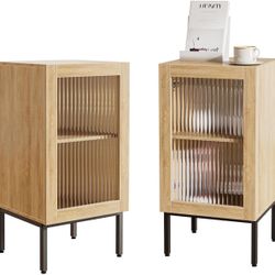 Set of 2 End Table, Farmhouse Sofa Table with Glass Door, Side Tables for Living Room, Bedroom, Oak