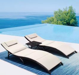 3-Pieces Steel Frame Poolside Folding Chairs Wicker Outdoor Chaise Lounge Chair with Beige Cushion (Set of 2)