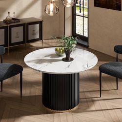 White Round Table for 4-6, 47" Modern Circle Table with Faux Marble Top and Black Fluted Base for Ktichen, Dining Room and Bistro