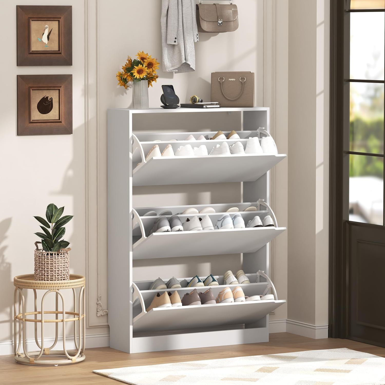 New Slim Shoe Rack with 3 Fold-Down Drawers, Freestanding Wooden Shoe Storage Cabinet for Entryway and Hallway, Modern Narrow Shoe Organizer, White N