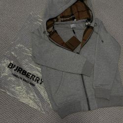Burberry Grey Zip Hoodie with Check Lining - Mens Size Medium 