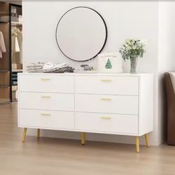 6-Drawers White Wood Chest of Drawer Accent Storage Cabinet Organizer With Metal Leg 54.1 in. W x 15.6 in. D