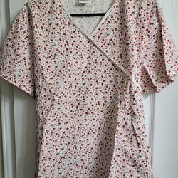Like New Red Flowers Scrub Top In Size Med