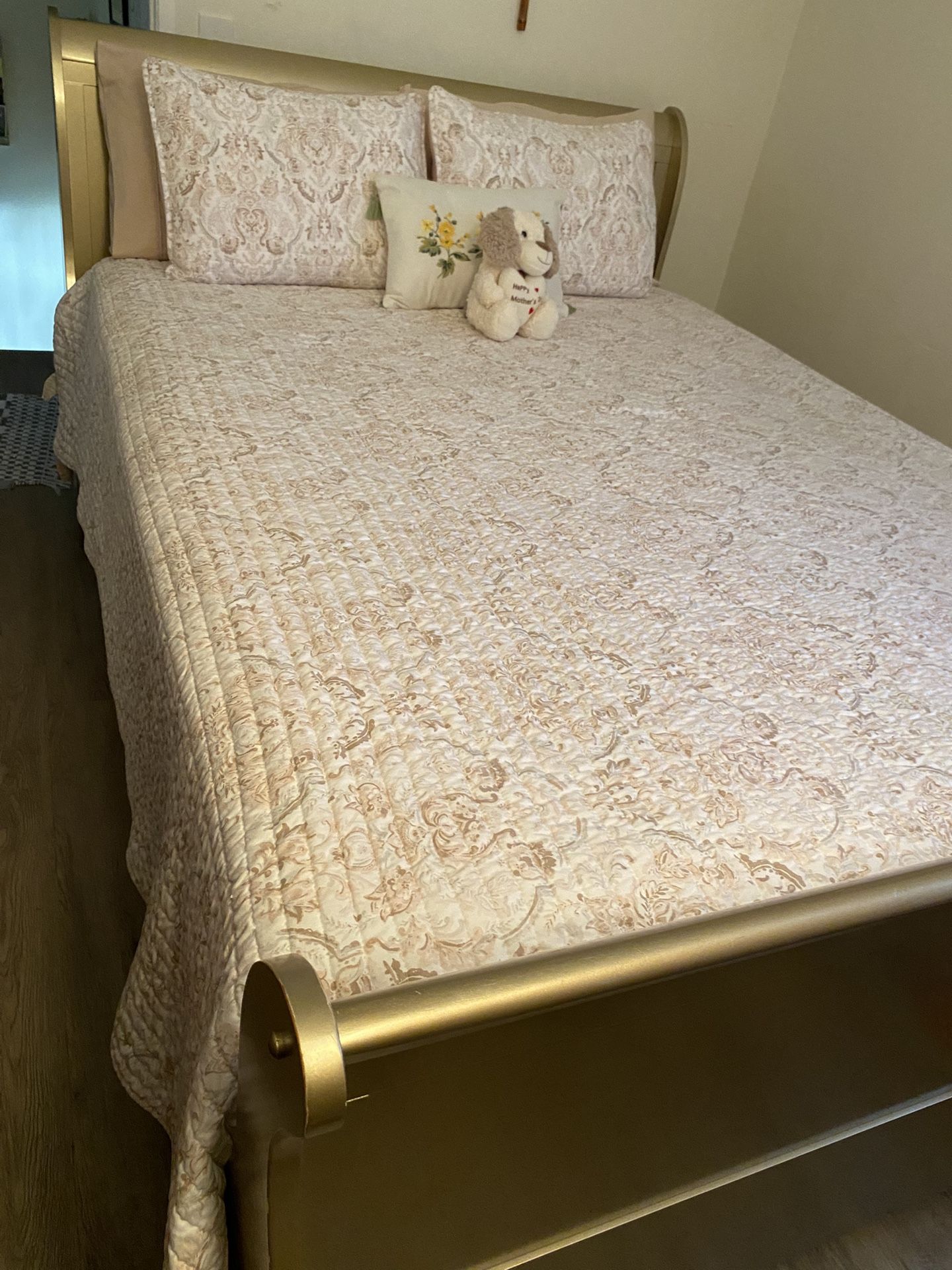 Bed And Bed Frame With A Dresser With Night Stand