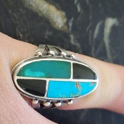 Turquoise Inlay ring Silver For Sale