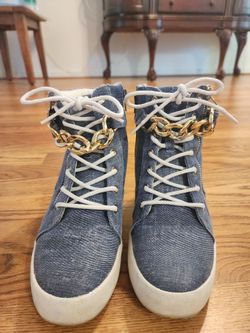 Denim High-Top Sneakers with Gold Chain Detail