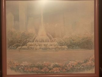 Large Signed Buckingham Fountain Chicago Painting – Vintage Framed Art