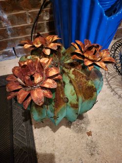 large metal cactus with flowers + large metal plant basket