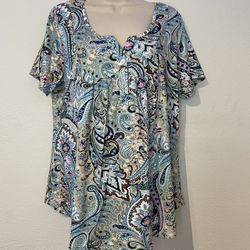 Women blue parsley print  tunic top short  sleeve size large  (AM)