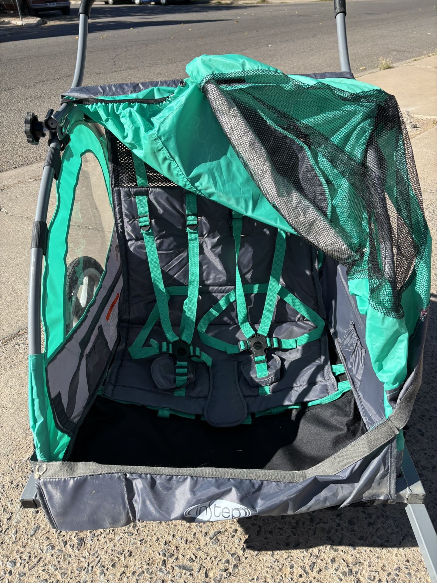 p Quick-N-EZ Double Tow Behind Bike Trailer for Toddlers, Kids, Converts to Stroller, Jogger, 2-in-1 Canopy,