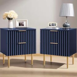 New assembled Night Stand Set 2, Fluted Glossy Nightstand with 2 Drawers, Wide Modern Storage Bedside Table for Bedroom, End Side Table with Golden Me