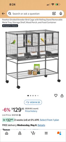 PawHut Divided Breeder Bird Cage with Rolling Stand Removable Metal Tray, Storage Shelf, Wood Perch, and Food Container