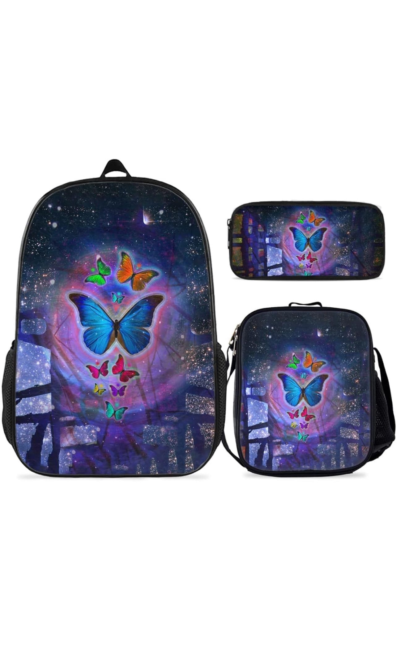 Butterfly Backpack Blue Butterfly Backpack 3 Pieces Sets Butterfly Backpack with Lunch Box And Pencil Case Casual Butterfly School Backpack