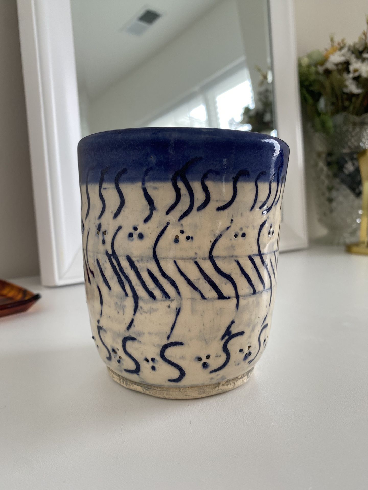 Art Pottery Cup Drip Blue Glaze PMC Art Signed Clay Made