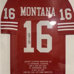 Framed 39 1/2 x 34 1/2 signed Joe Montana jersey