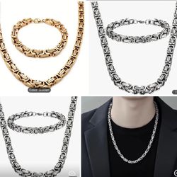304 Stainless Steel18 K Gold Plated  Mens Byzantine Chain Gold Plated  Set 24 inches/8.7.   5 mm Gold and silver 