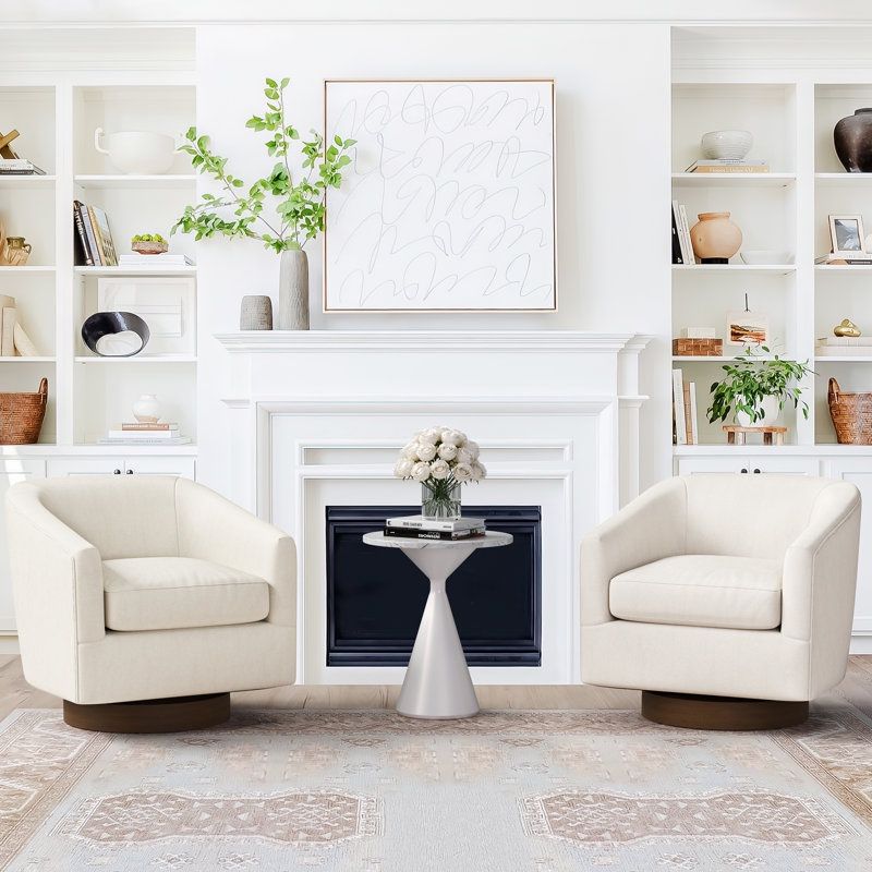 Set of 2 Swivel Accent Chairs with Solid Wood Base Barrel Chairs Swivel