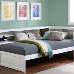 🚚Ask 👉Queen Bed, King Bed, Full Bed, Twin Bed, Mattress, box spring. 

✔️In Stock 👉 
Galen White Twin Bookcase Corner Bed