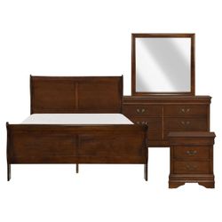 BRAND NEW BROWN CHERRY QUEEN BEDFRAME + DRESSER + MIRROR + NIGHTSTAND 4PCS BEDROOM SET