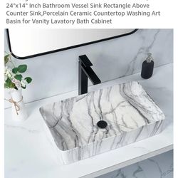 Rectangular Vessel Sink Black White Marble Coated,VALISY 24"x14" Inch Bathroom Vessel Sink Rectangle Above Counter Sink,Porcelain Ceramic Countertop W