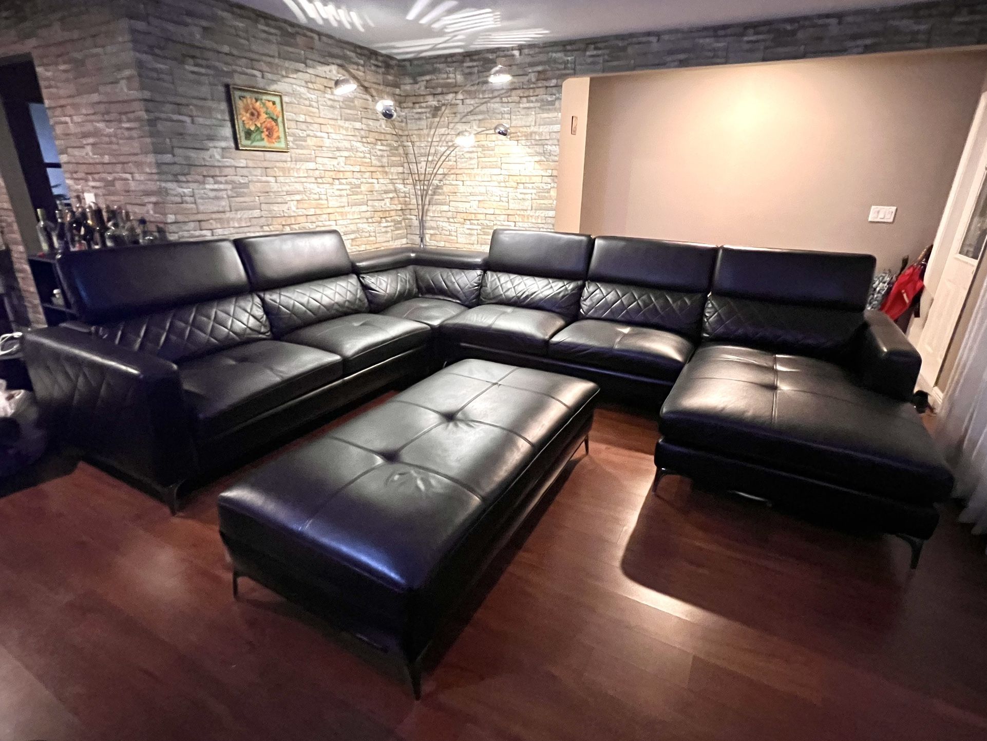 Sectional Black Leather Sofa & Ottoman 