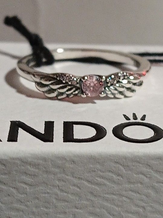 Pandora Authentic Brand New Sterling Silver Angel Wings Sparkling Pink Stone Ring Size 9