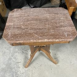 Pink Marble Wood Antique Side Table