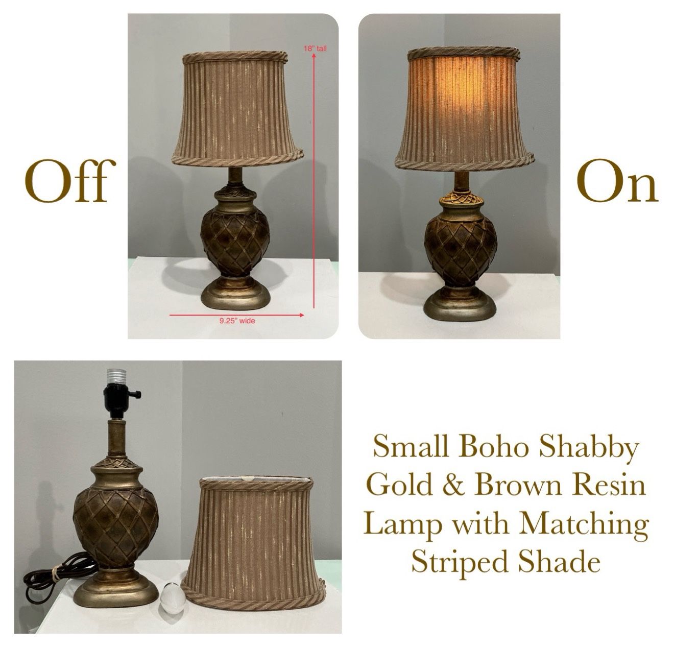 Small Boho Shabby Gold & Brown Resin Lamp with Matching Striped Shade