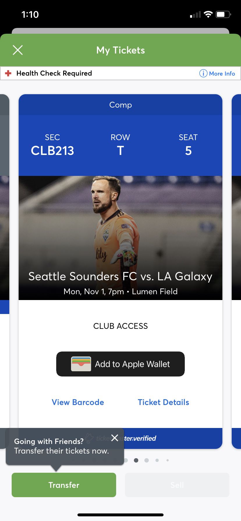 4 Tickets to Sounders match - Monday 11/1 Club Level