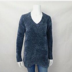 Orvis Ladies Chenille V Neck Marerled Blue Sweater 