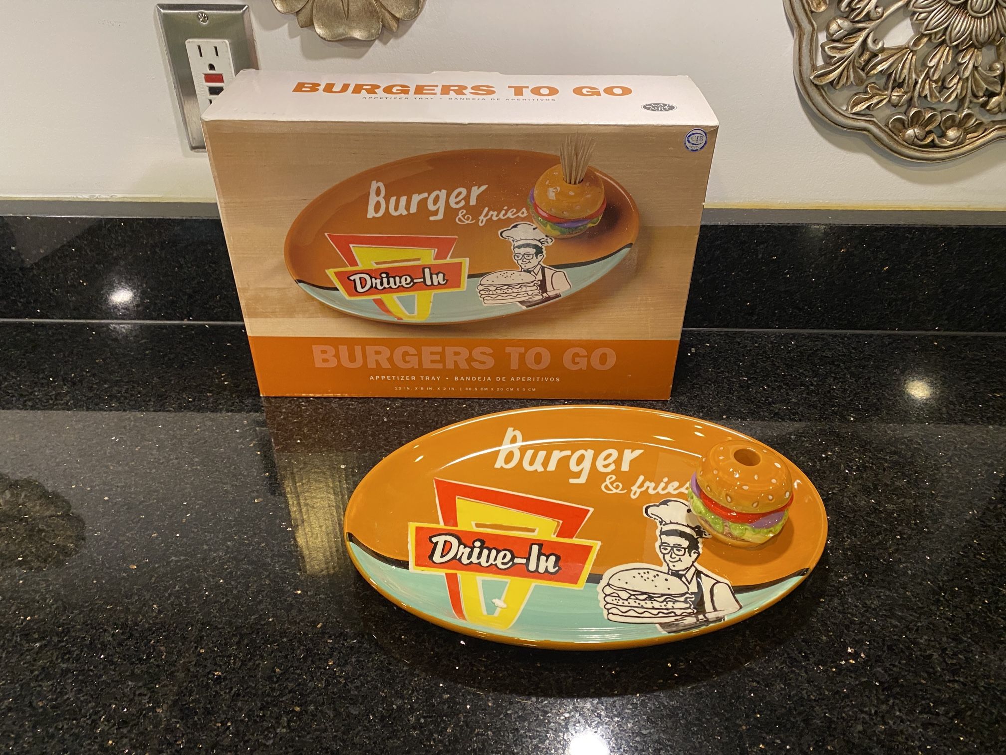 Retro Drive-In Burgers-To-Go Appetizer Tray with Toothpick Holder 12x8x2”