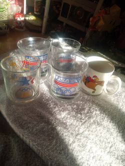 3 Vintage U.S.A 19888 Olympics Glass Tumblers Rings collection And 2 Olympic Cups Included 1984