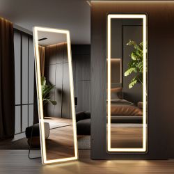 3 Color Lighting Mirror with LED Lights, 60x16 Lighted Floor Standing Mirror with Stand