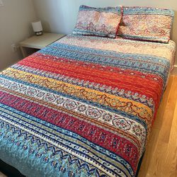 Queen bed metal frame, bohemian cover and skirt