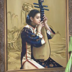 Vintage Framed Oil Painting Chinese Woman Pipa Asian Wall Art