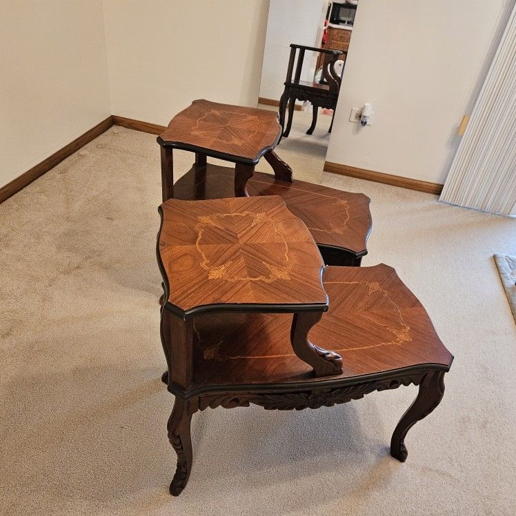 SET OF 2 ANTIQUE FRENCH PROVINCIAL 2-TIER STEP-UP SIDE TABLES