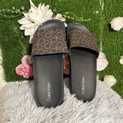 Calvin Klein Women's Logo Slide Sandals Comfort Brown Black Casual
