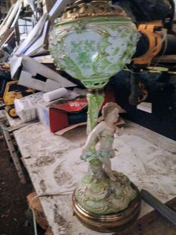 Antique Figural Cherub Lamp with Green Globe Shade