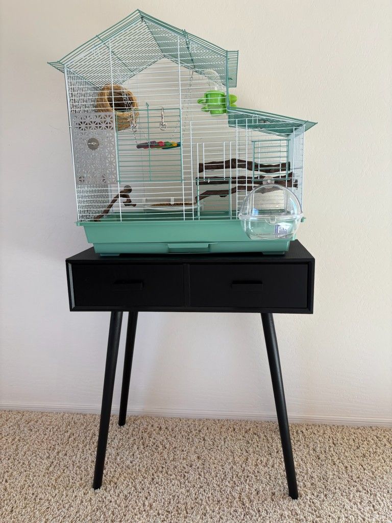 Bird Cage Birdcage Table Drawers Food Finch Canary Bath MCM Mid Century Modern
