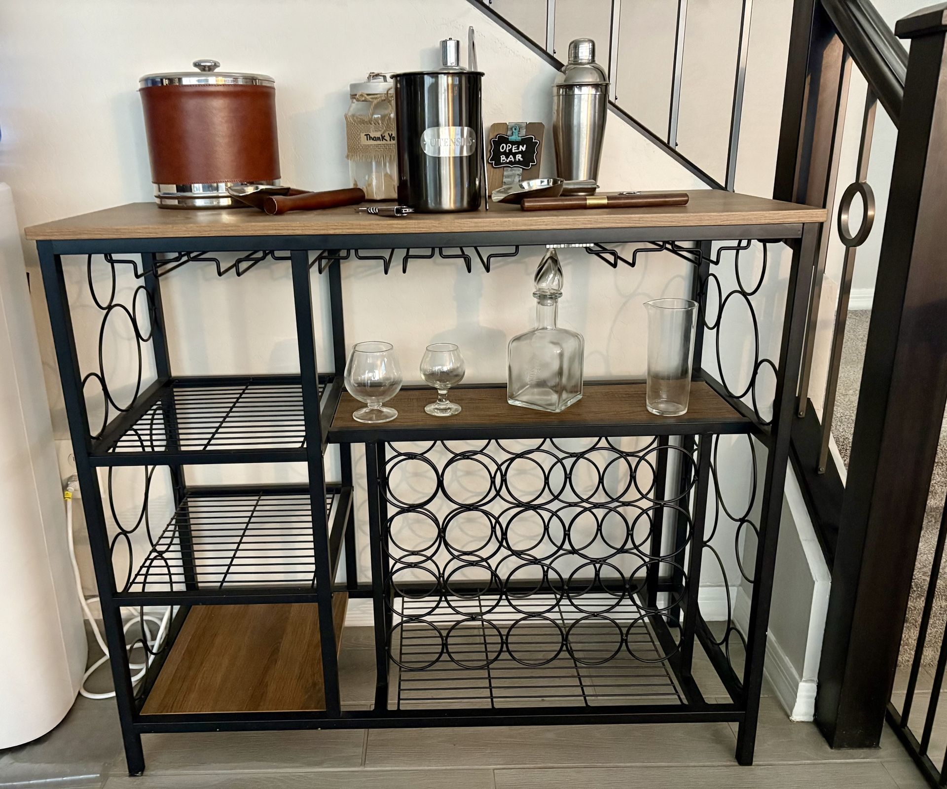 Entertaining Bar Table W/Wine Holder/Stem Rack & Bartending Accessories 