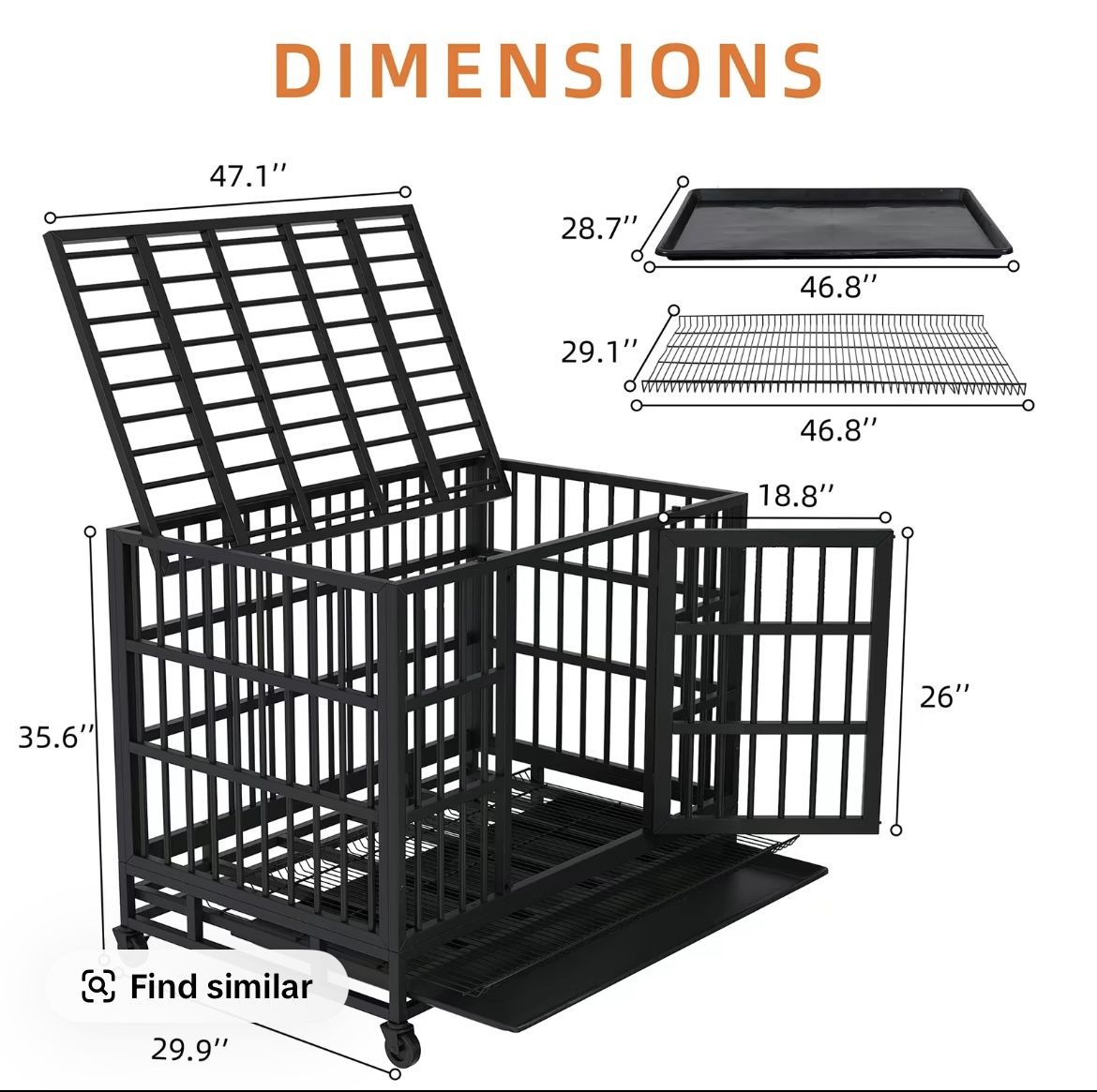 47inch Heavy Duty Steel Dog Crate for Large Dogs with Lockable Wheels and Double Door Design