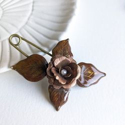 Brown Flower  Handpainted Brooch, Copper Flower Scarf Pin, Fall Coat Pin, Hat Pin