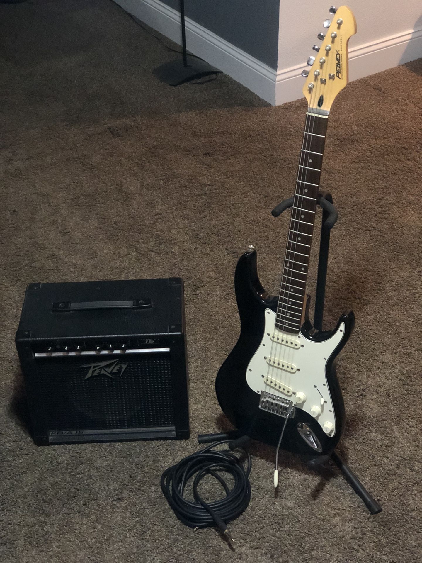 Peavey Guitar, amp, cable , and stand