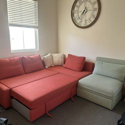 Modern Red Sectional Sofa & Green Lounge Chairs