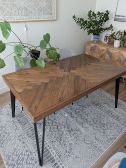 MCM dining table with wrought iron hairpin legs