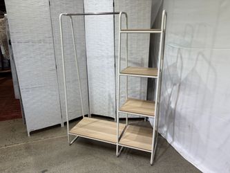 Garment Rack with Wooden Shelves in White and Light Brown