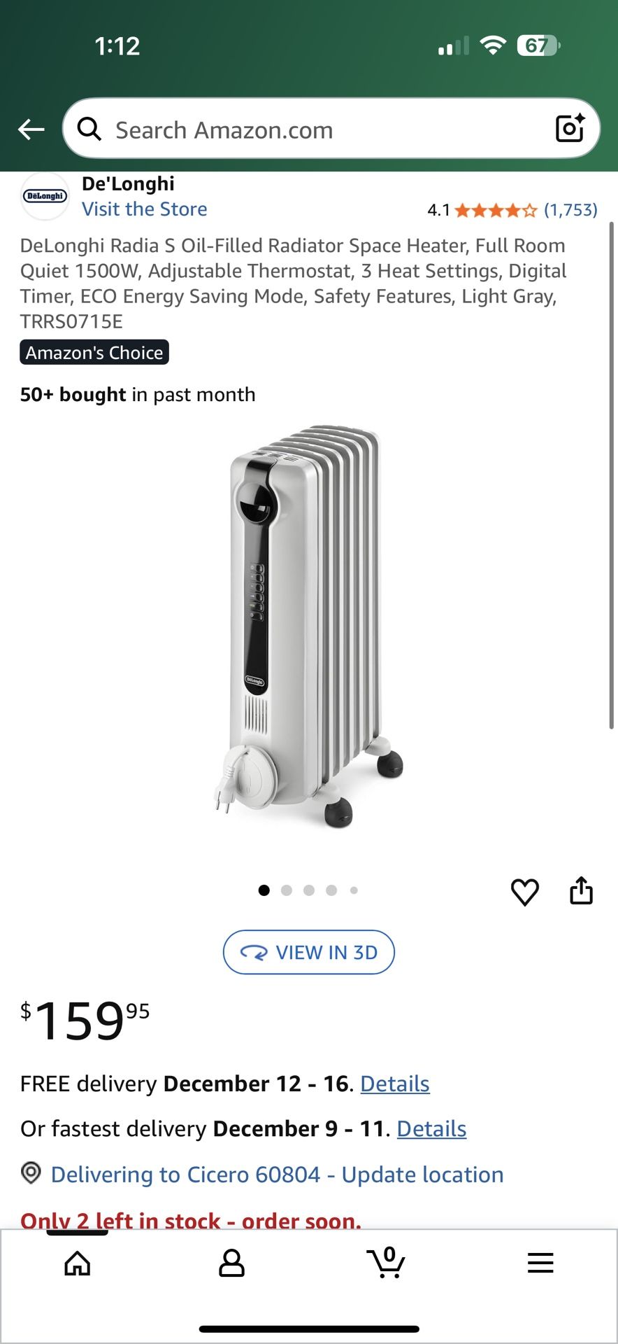 DeLonghi Radia S Oil-Filled Radiator Space Heater, Full Room Quiet 1500W, Adjustable Thermostat, 3 Heat Settings, Digital Timer, ECO Energy Saving Mod